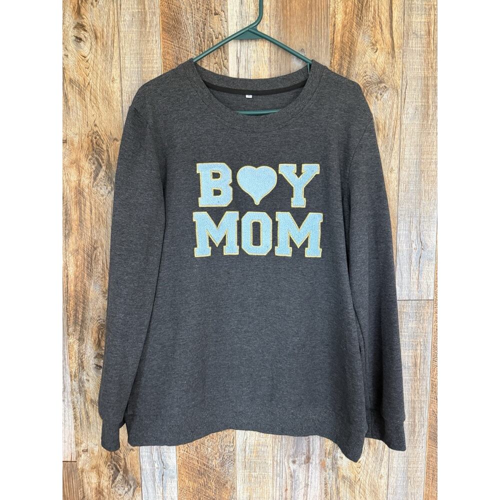 Boy Mom Sweatshirt Women’s Gray Graphic Pullover Crewneck Chenille Patch Cozy